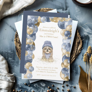 Yorkie Two Cute Navy Blue Gold Balloon Birthday Invitation