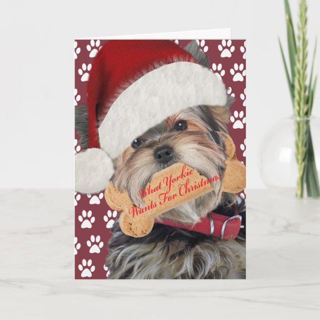 Yorkie Wants Kisses For Christmas Holiday Card (Front)