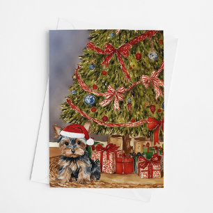 Yorkie Watercolor Under the Christmas Tree Card
