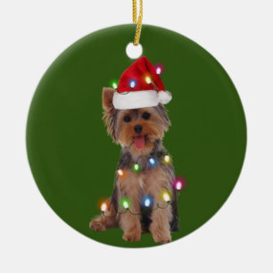 Yorkie With Christmas Scafts Santa Hat Gift Ceramic Ornament