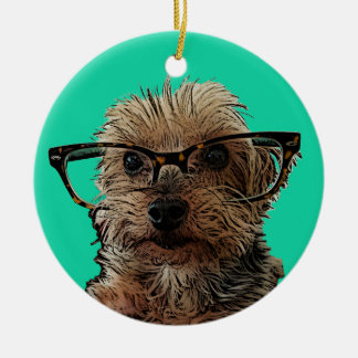 Yorkie with Glasses Ceramic Ornament