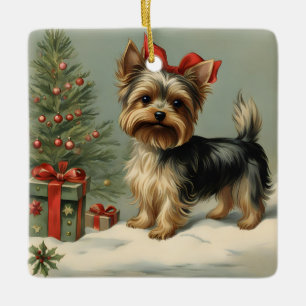 Yorkie with Presents near a Christmas Tree  Ceramic Ornament