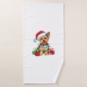 Yorkie Xmas Lighting Santa Hat Yorkie Dog Christma Bath Towel