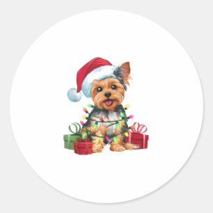 Yorkie Xmas Lighting Santa Hat Yorkie Dog Christma Classic Round Sticker