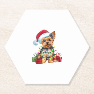 Yorkie Xmas Lighting Santa Hat Yorkie Dog Christma Paper Coaster