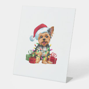 Yorkie Xmas Lighting Santa Hat Yorkie Dog Christma Pedestal Sign