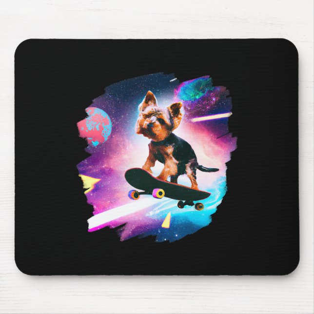Yorkie Yorkshire Terrier Skateboarding Space Retro Mouse Pad (Front)