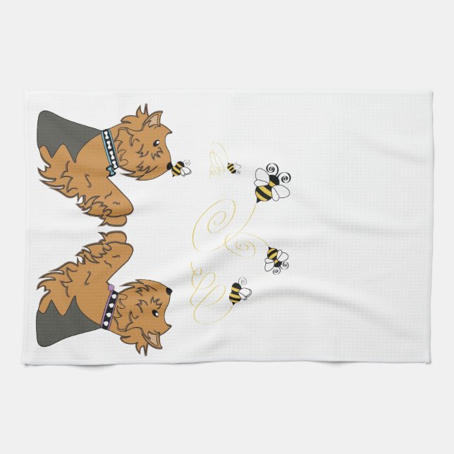 Yorkies and bees tea towel (Horizontal)