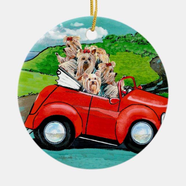 Yorkies in Red Convertible Ceramic Tree Decoration (Front)
