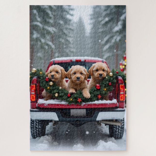 Yorkipoo Christmas Red Truck Holiday Gift Jigsaw Puzzle (Vertical)