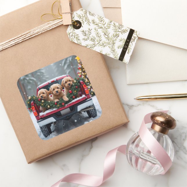 Yorkipoo Christmas Red Truck Holiday Gift Square Sticker (Gifting)