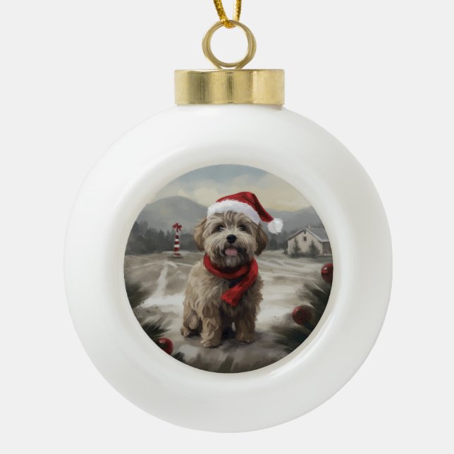 Yorkipoo Dog in Snow Christmas Ceramic Ball Christmas Ornament (Front)