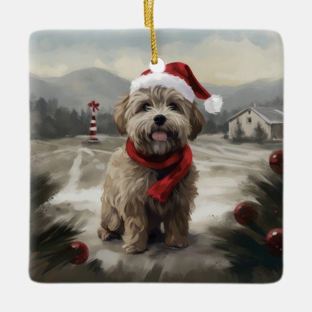 Yorkipoo Dog in Snow Christmas Ceramic Ornament (Front)