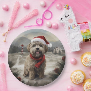 Yorkipoo Dog in Snow Christmas Paper Plate