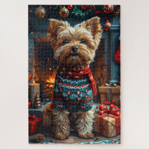 Yorkipoo Dog With Christmas Gifts Fireplace Jigsaw Puzzle