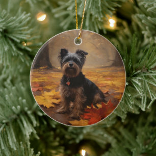 Yorkipoo in Autumn Leaves Fall Inspire Ceramic Ornament