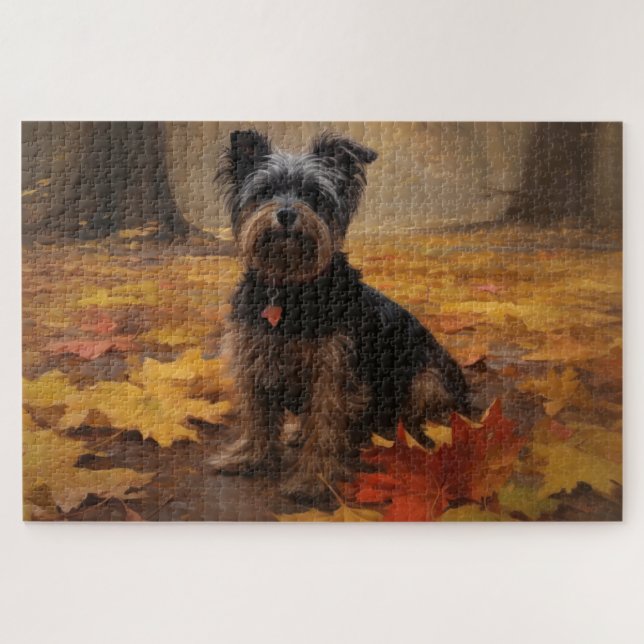 Yorkipoo in Autumn Leaves Fall Inspire Jigsaw Puzzle (Horizontal)