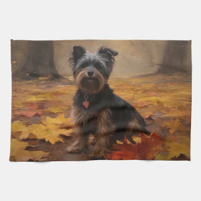 Yorkipoo in Autumn Leaves Fall Inspire Tea Towel (Horizontal)