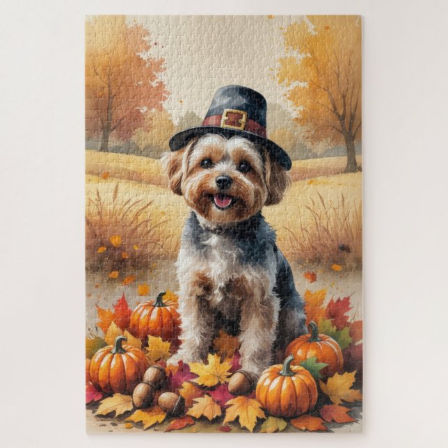 Yorkipoo In Autumn Leaves Thanksgiving Art Jigsaw Puzzle (Vertical)