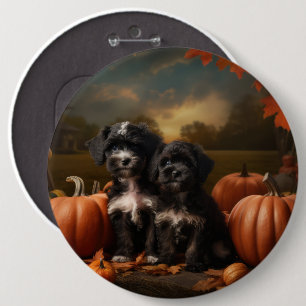 Yorkipoo Puppy Autumn Delight Pumpkin 6 Cm Round Badge