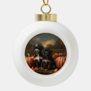 Yorkipoo Puppy Autumn Delight Pumpkin Ceramic Ball Christmas Ornament