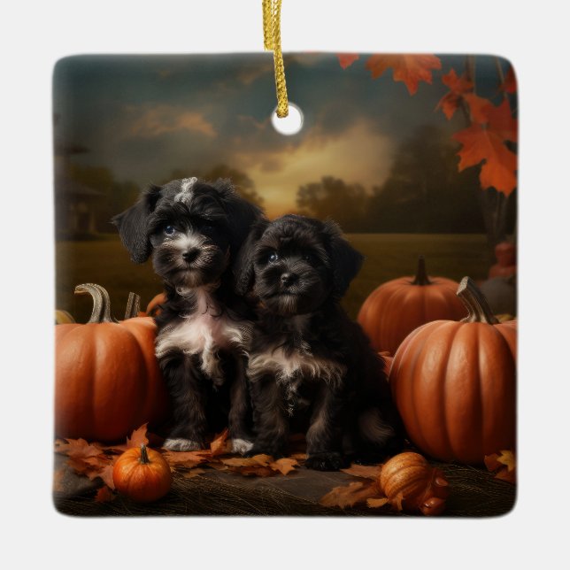 Yorkipoo Puppy Autumn Delight Pumpkin Ceramic Ornament (Front)