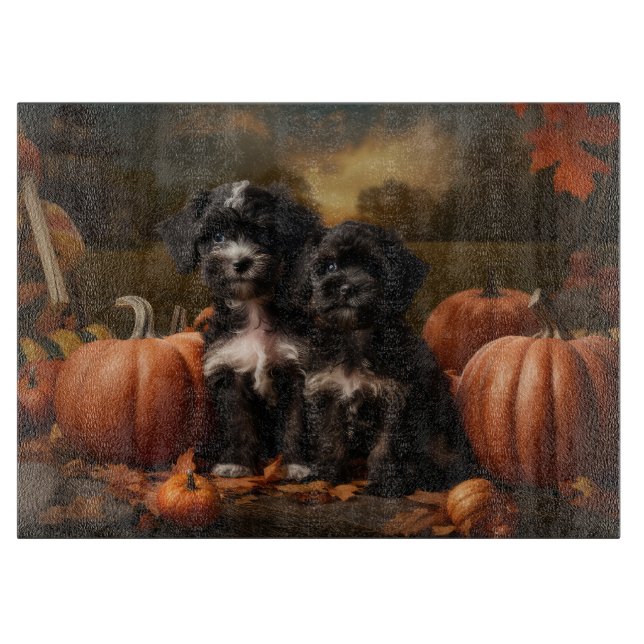 Yorkipoo Puppy Autumn Delight Pumpkin Cutting Board (Front)