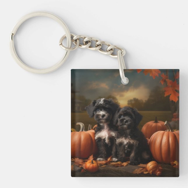 Yorkipoo Puppy Autumn Delight Pumpkin Key Ring (Front)