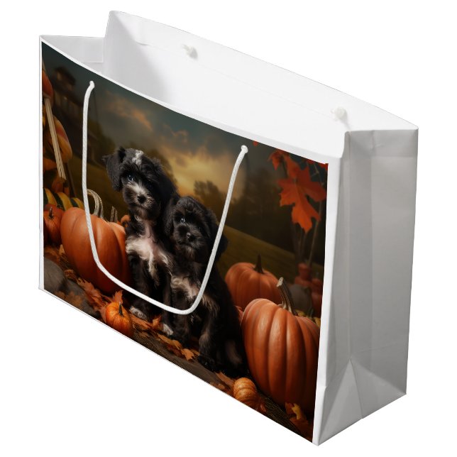 Yorkipoo Puppy Autumn Delight Pumpkin Large Gift Bag (Front Angled)
