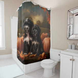 Yorkipoo Puppy Autumn Delight Pumpkin Shower Curtain