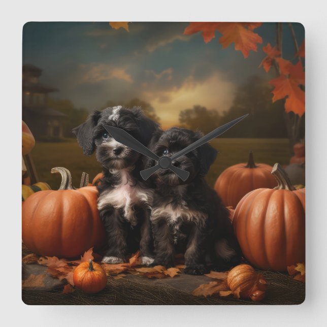 Yorkipoo Puppy Autumn Delight Pumpkin Square Wall Clock (Front)