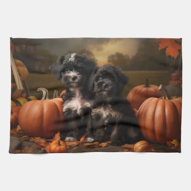 Yorkipoo Puppy Autumn Delight Pumpkin Tea Towel (Horizontal)