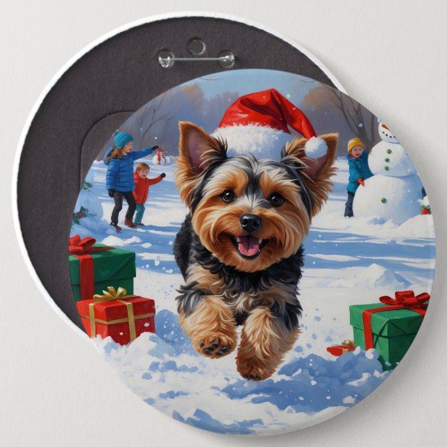 Yorkipoo Running in Snow with Christmas Hat 6 Cm Round Badge (Front & Back)