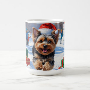 Yorkipoo Running in Snow with Christmas Hat Coffee Mug
