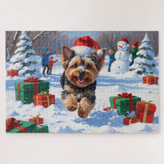 Yorkipoo Running in Snow with Christmas Hat Jigsaw Puzzle (Horizontal)