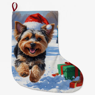 Yorkipoo Running in Snow with Christmas Hat Large Christmas Stocking