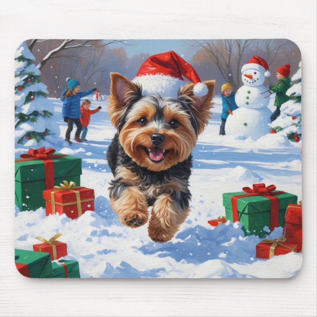 Yorkipoo Running in Snow with Christmas Hat Mouse Pad (Front)