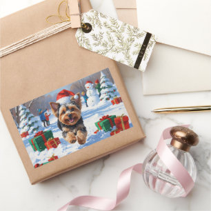 Yorkipoo Running in Snow with Christmas Hat Rectangular Sticker