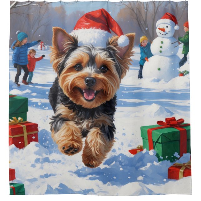 Yorkipoo Running in Snow with Christmas Hat Shower Curtain (Front)