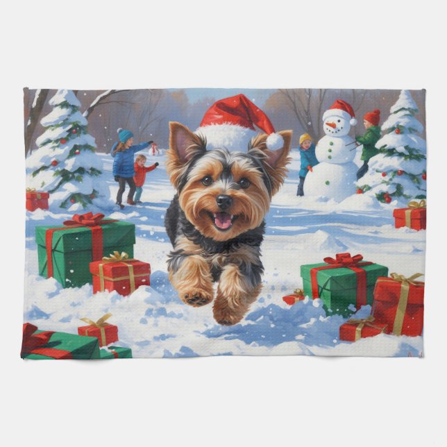Yorkipoo Running in Snow with Christmas Hat Tea Towel (Horizontal)