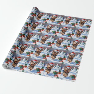 Yorkipoo Running in Snow with Christmas Hat Wrapping Paper