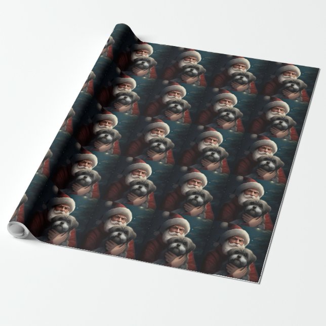 Yorkipoo With Santa Claus Festive Christmas Wrapping Paper (Unrolled)