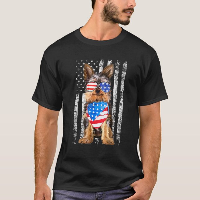 Yorkshire American Flag Patriotic Yorkie Dog 4th O T-Shirt (Front)