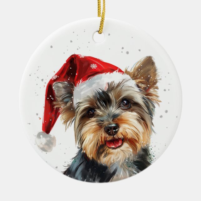 Yorkshire Dog Christmas Personalized Ceramic Ornament (Front)