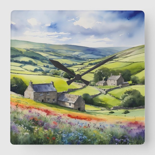 "Yorkshire Meadowsong" Landscape Yorkshire Dales  Square Wall Clock (Front)