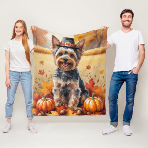 Yorkshire Terrier Autumn Leaves Thanksgiving Art Fleece Blanket