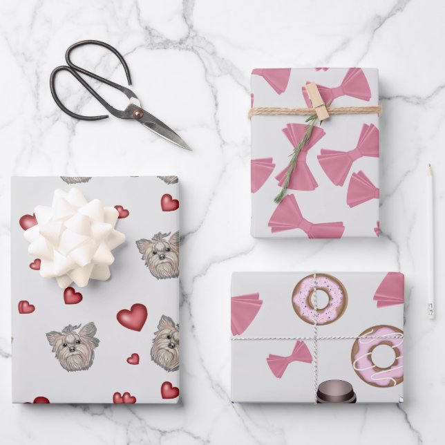 Yorkshire Terrier Bows Hearts Gift Set Wrapping Paper Sheet (Front)