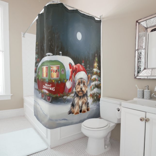Yorkshire Terrier Caravan Christmas Adventure Shower Curtain (In Situ)