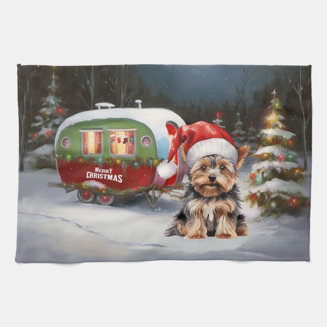 Yorkshire Terrier Caravan Christmas Adventure Tea Towel (Horizontal)