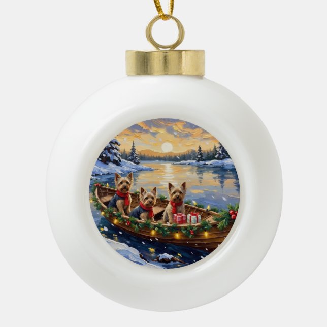 Yorkshire Terrier Christmas Boat Holiday Ceramic Ball Christmas Ornament (Front)
